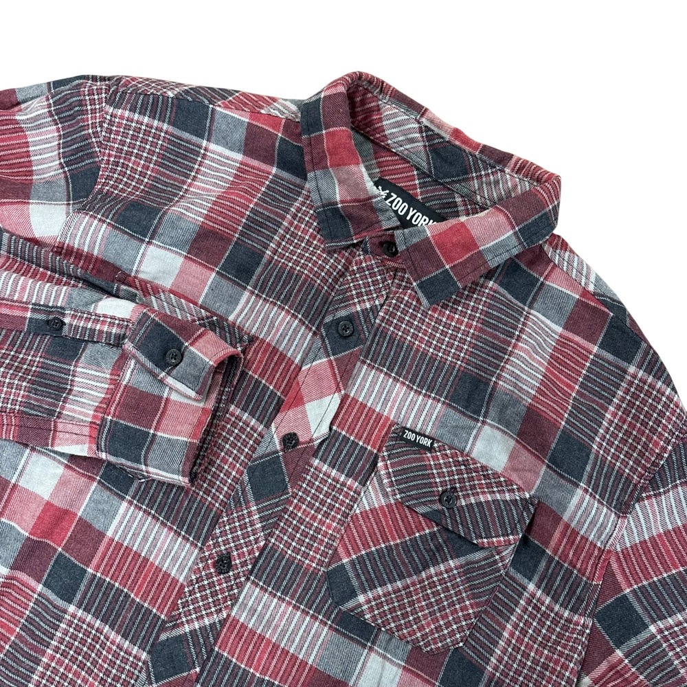 Zoo York Mens XL Plaid Flannel Button Down Shirt Red Black Grey Long Sleeve